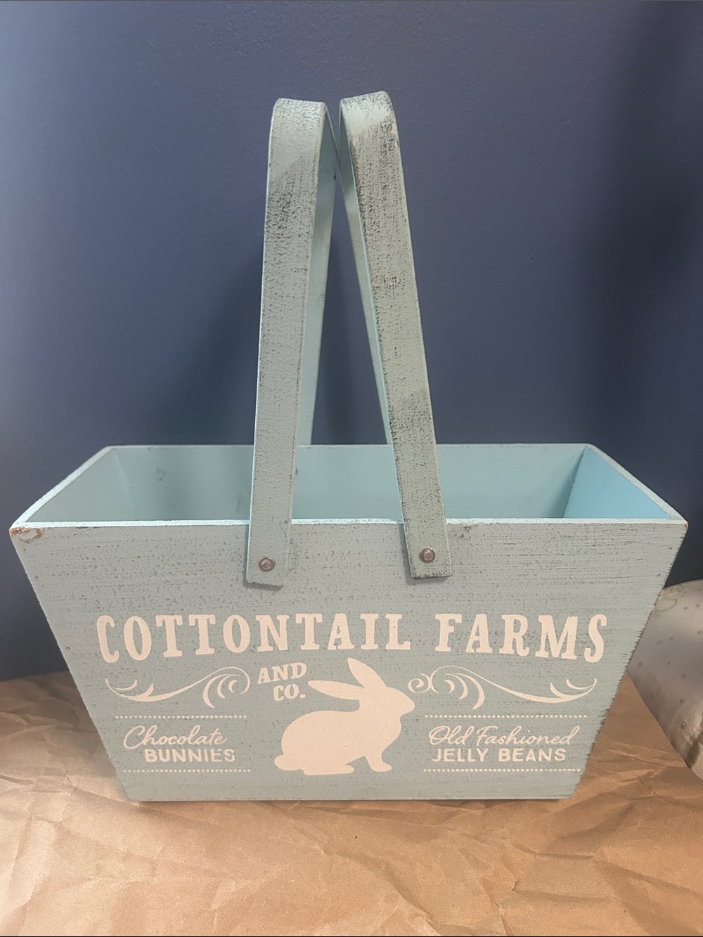 Cottontail Farms Blue Wooden Easter Basket with Bunny Decor